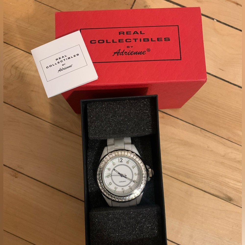 real collectibles by adriene white ceramic Cubic Zirconia Stainless Steel Watch